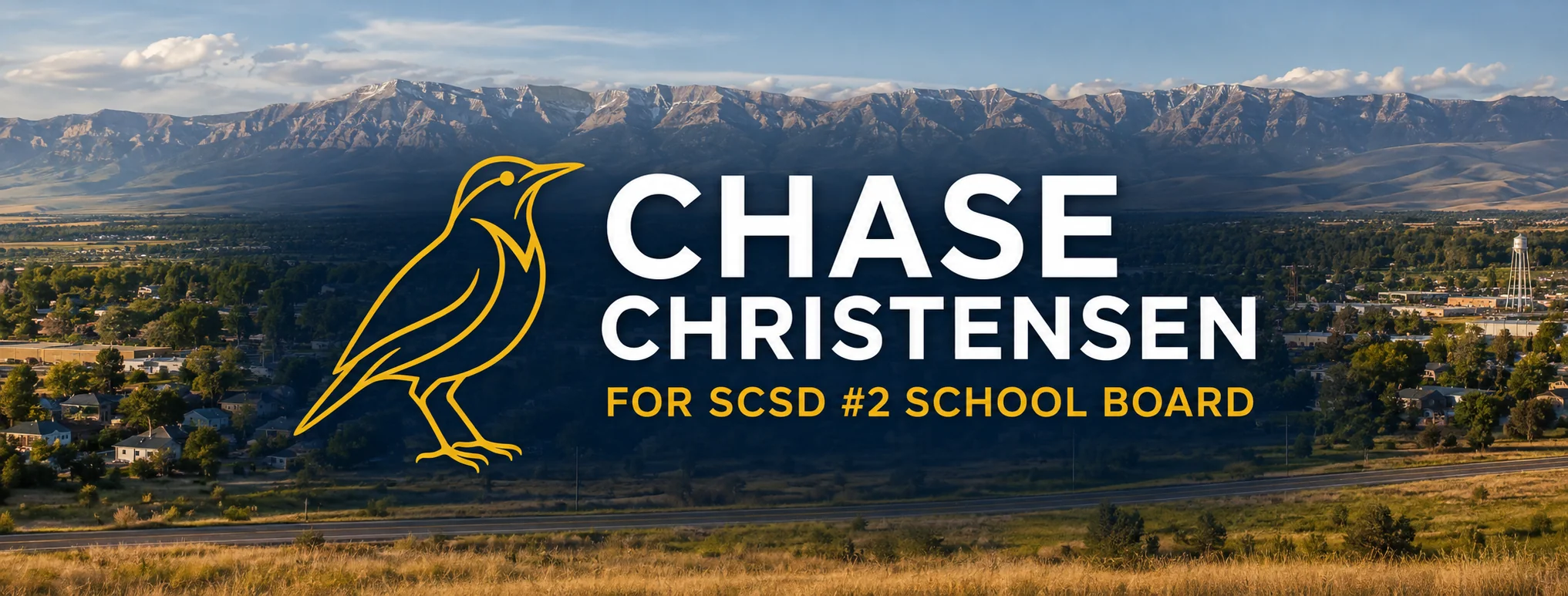Chase Christensen for SCSD #2 School Board above the Sheridan skyline and the Bighorn Mountains